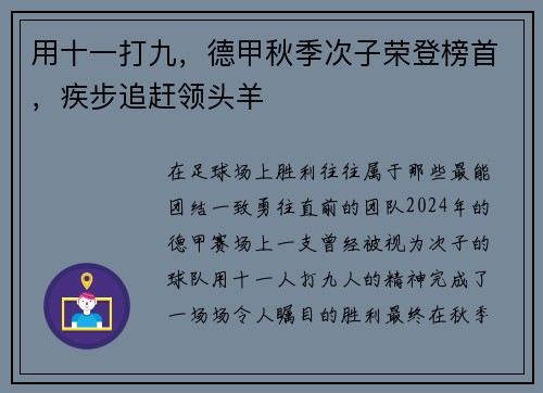 用十一打九，德甲秋季次子荣登榜首，疾步追赶领头羊