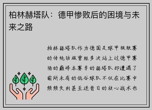 柏林赫塔队：德甲惨败后的困境与未来之路